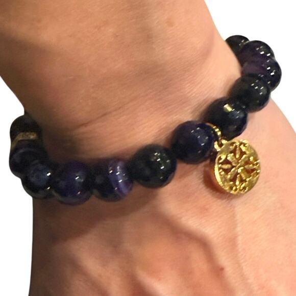 Rustic Cuff PURPLE ONYX BEADS w/ Gold accents & logo Stretch Stacking Bracelet - Picture 7 of 12